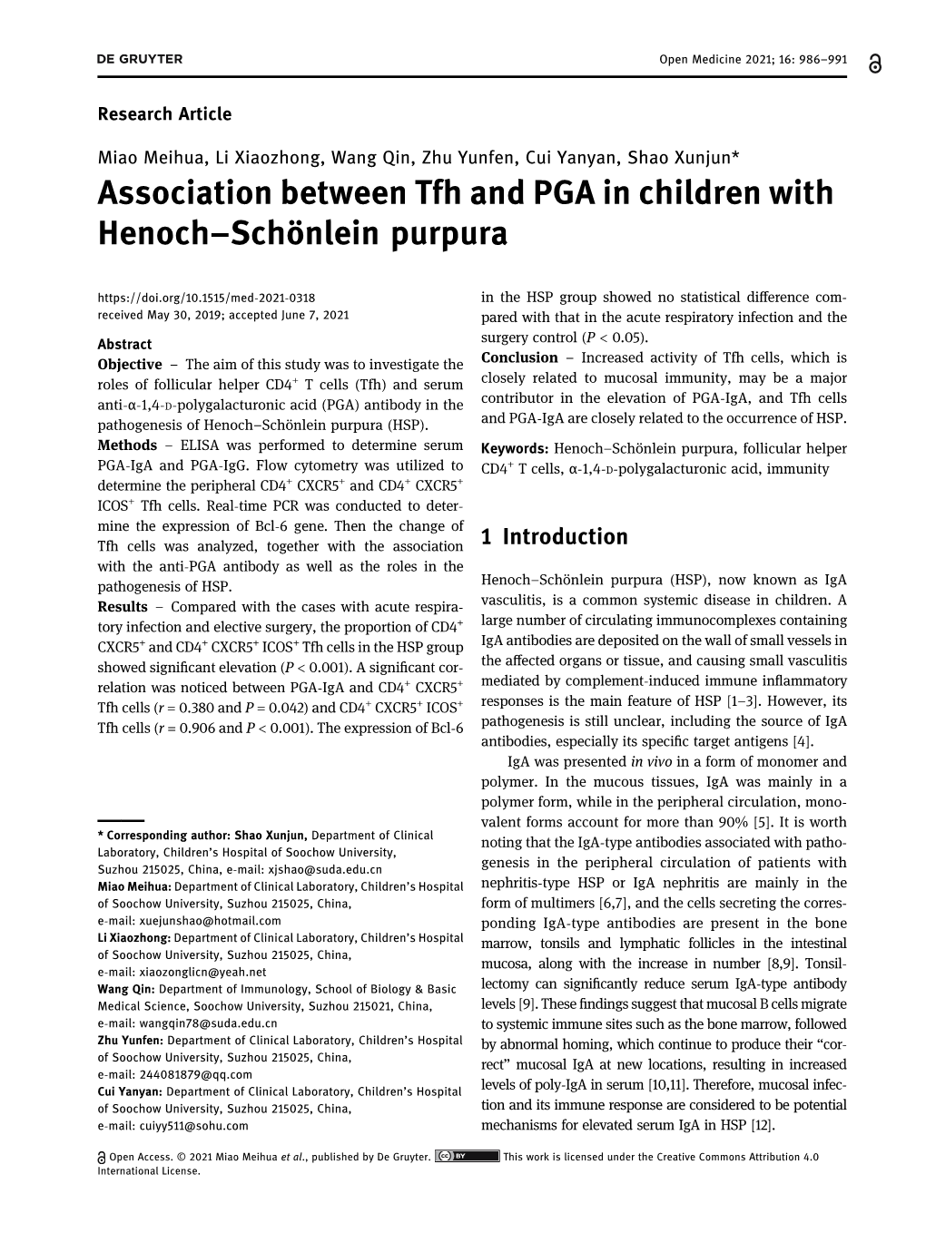 Association Between Tfh and PGA in Children with Henoch–Schönlein Purpura