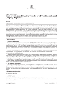 Study of Influence of Negative Transfer of L1 Thinking on Second Language Acquisition