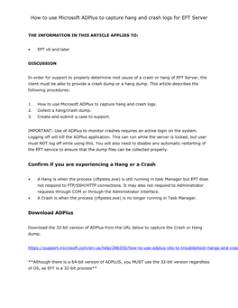 How to Use Microsoft Adplus to Capture Hang and Crash Logs for EFT Server