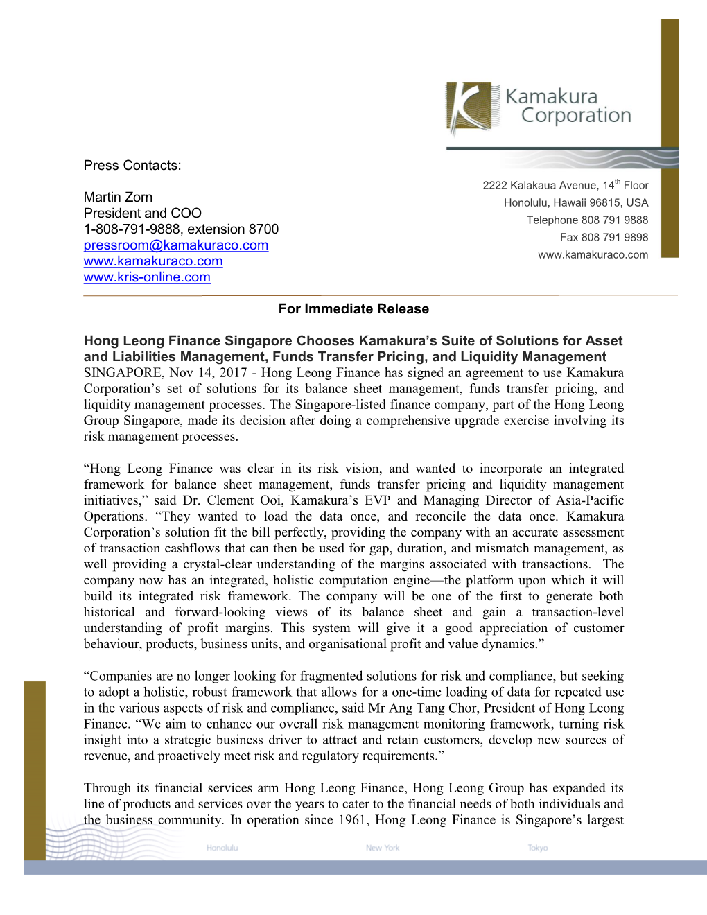 Hong Leong Finance Chooses Kamakura's Suite of Solutions For