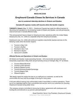Greyhound Canada Closes Its Services in Canada