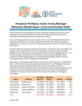 Pandemic Profiteers: Under Trump Michigan Billionaire Wealth Soars, Local Communities Suffer ______