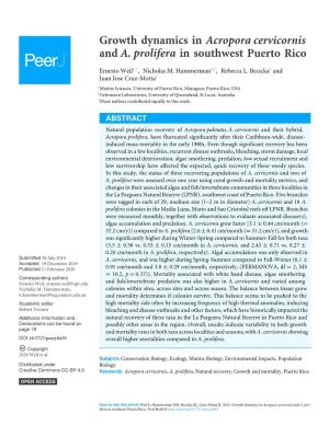 Growth Dynamics in Acropora Cervicornis and A. Prolifera in Southwest Puerto Rico