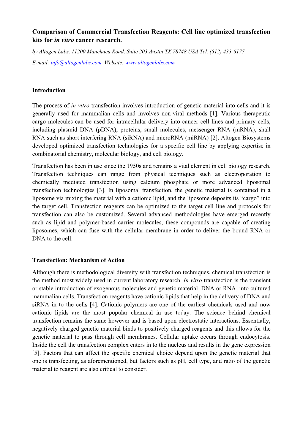 Comparison of Commercial Transfection Reagents: Cell Line Optimized Transfection Kits for in Vitro Cancer Research