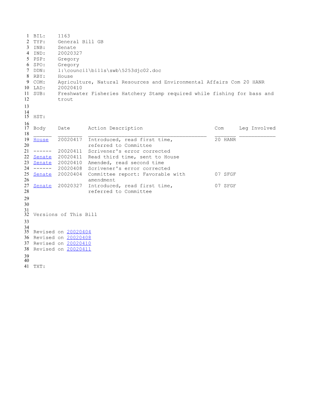 2001-2002 Bill 1163: Freshwater Fisheries Hatchery Stamp Required While Fishing for Bass