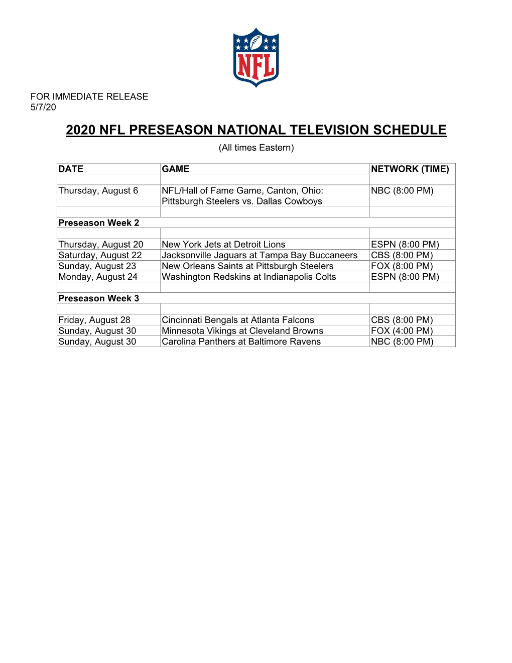 2020 Nfl Preseason National Television Schedule