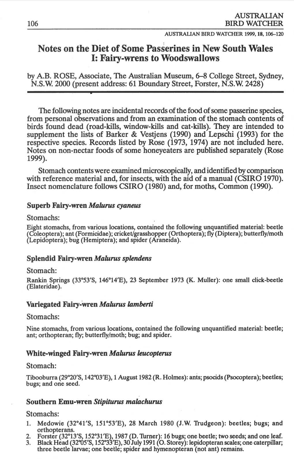 Notes on the Diet of Some Passerines in New South Wales 1: Fairy-Wrens to Woodswallows