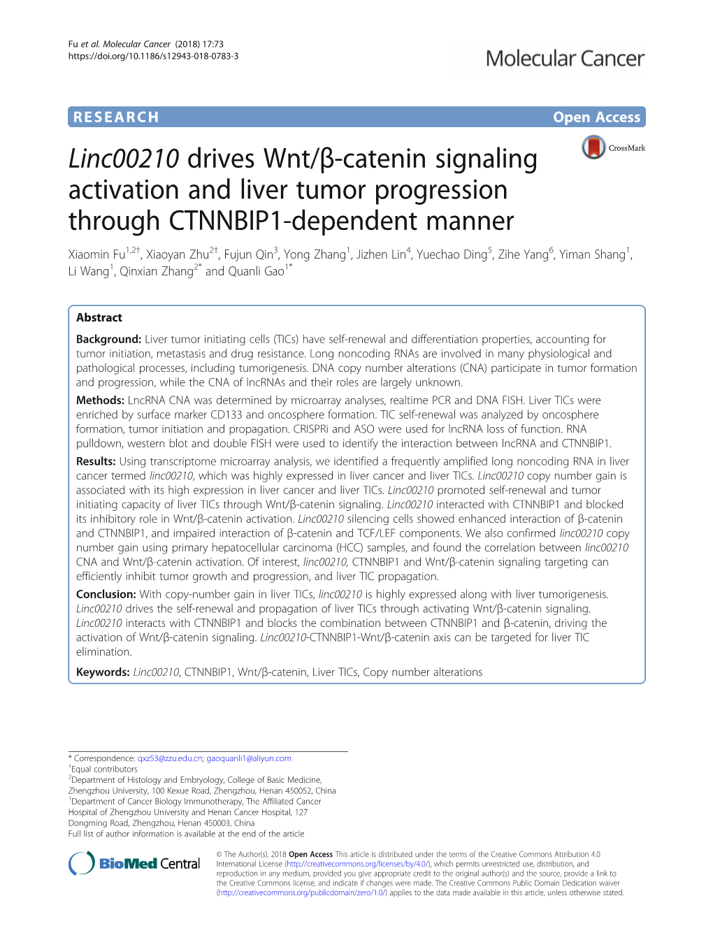 Linc00210 Drives Wnt/Β-Catenin Signaling Activation and Liver Tumor