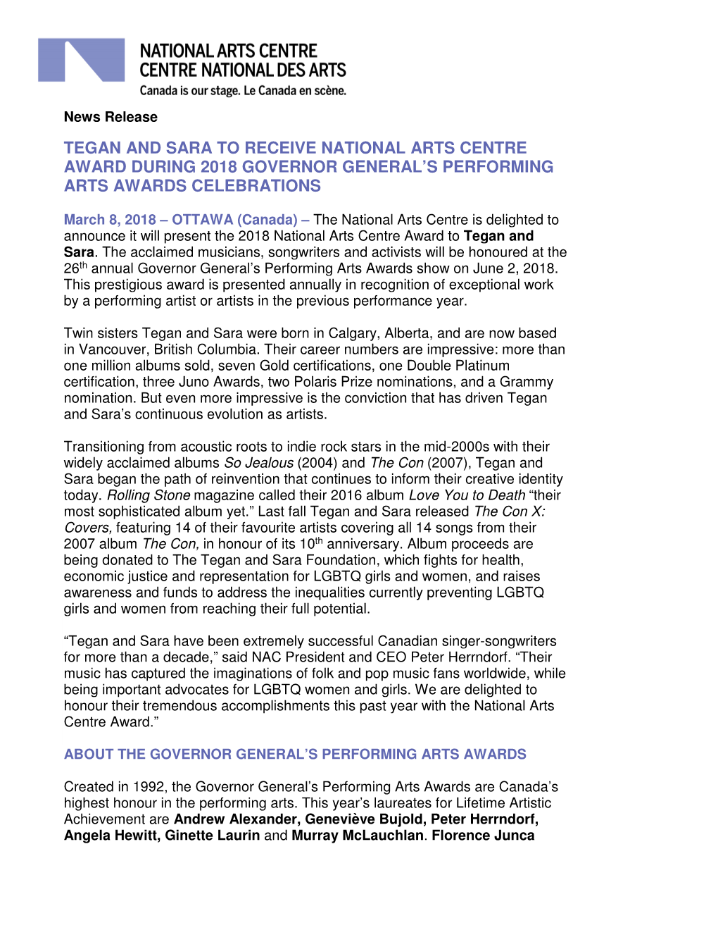 Tegan and Sara to Receive National Arts Centre Award During 2018 Governor General’S Performing Arts Awards Celebrations