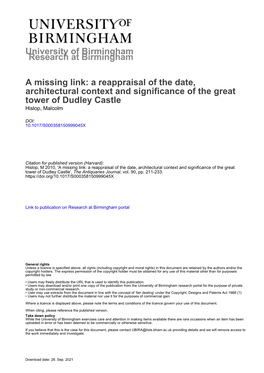 A Reappraisal of the Date, Architectural Context and Significance of the Great Tower of Dudley Castle Hislop, Malcolm
