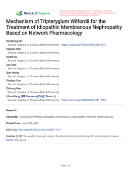 Mechanism of Tripterygium Wilfordii for the Treatment of Idiopathic Membranous Nephropathy Based on Network Pharmacology
