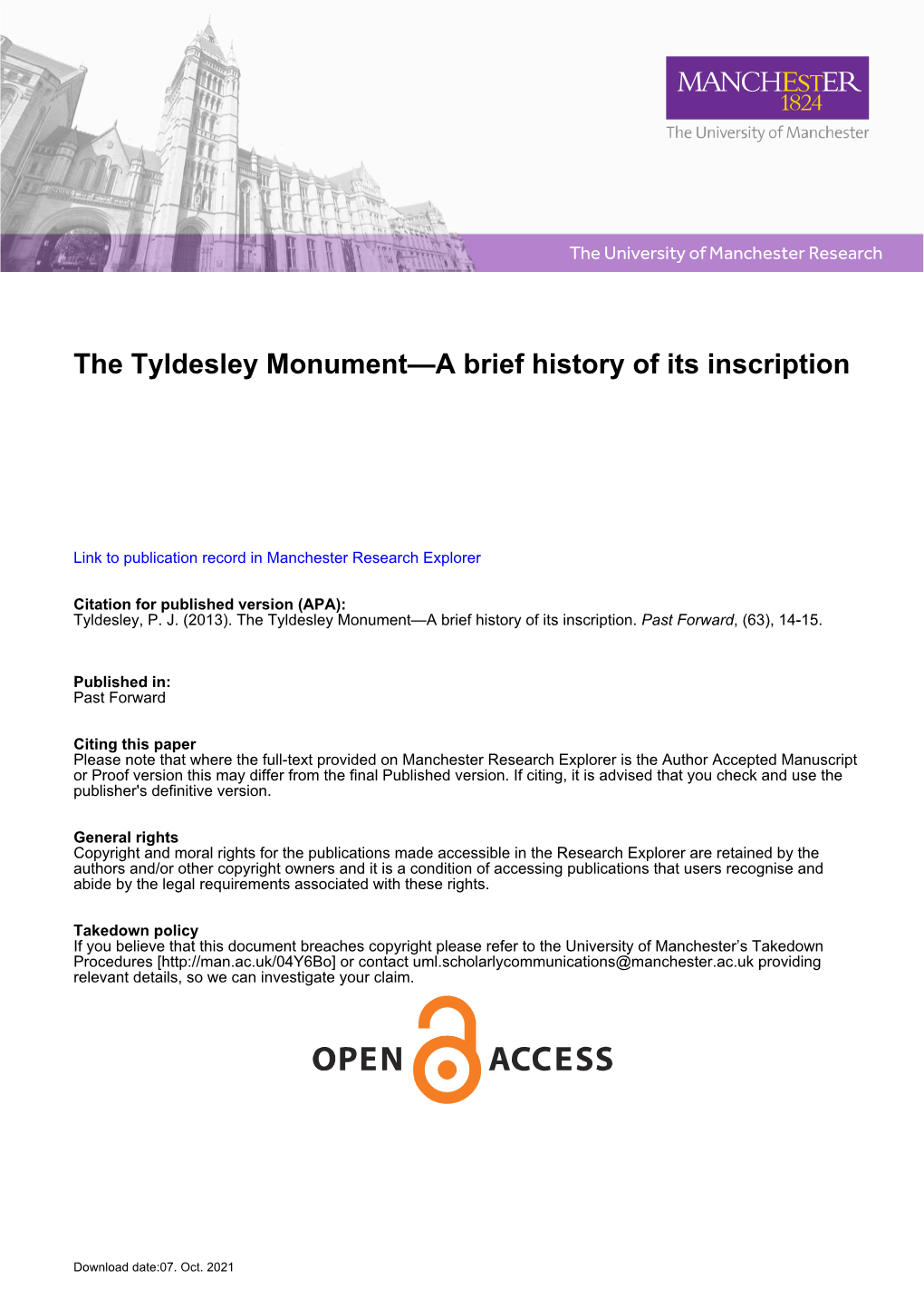 The Tyldesley Monument—A Brief History of Its Inscription