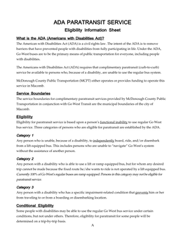 ADA PARATRANSIT SERVICE Eligibility Information Sheet