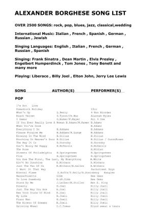 Alexander Borghese Song List