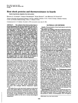Heat Shock Proteins and Thermoresistance in Lizards (Lizards/Hyperthernia/Adaptation/Heat Shock Proteins) KHAYOT A