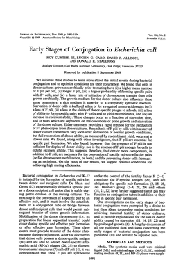 Early Stages of Conjugation in Escherichia Coli ROY CURTISS, III, LUCIEN G