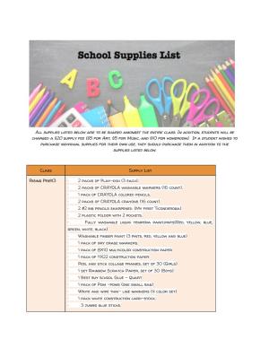 All Supplies Listed Below Are to Be Shared Amongst the Entire Class. In