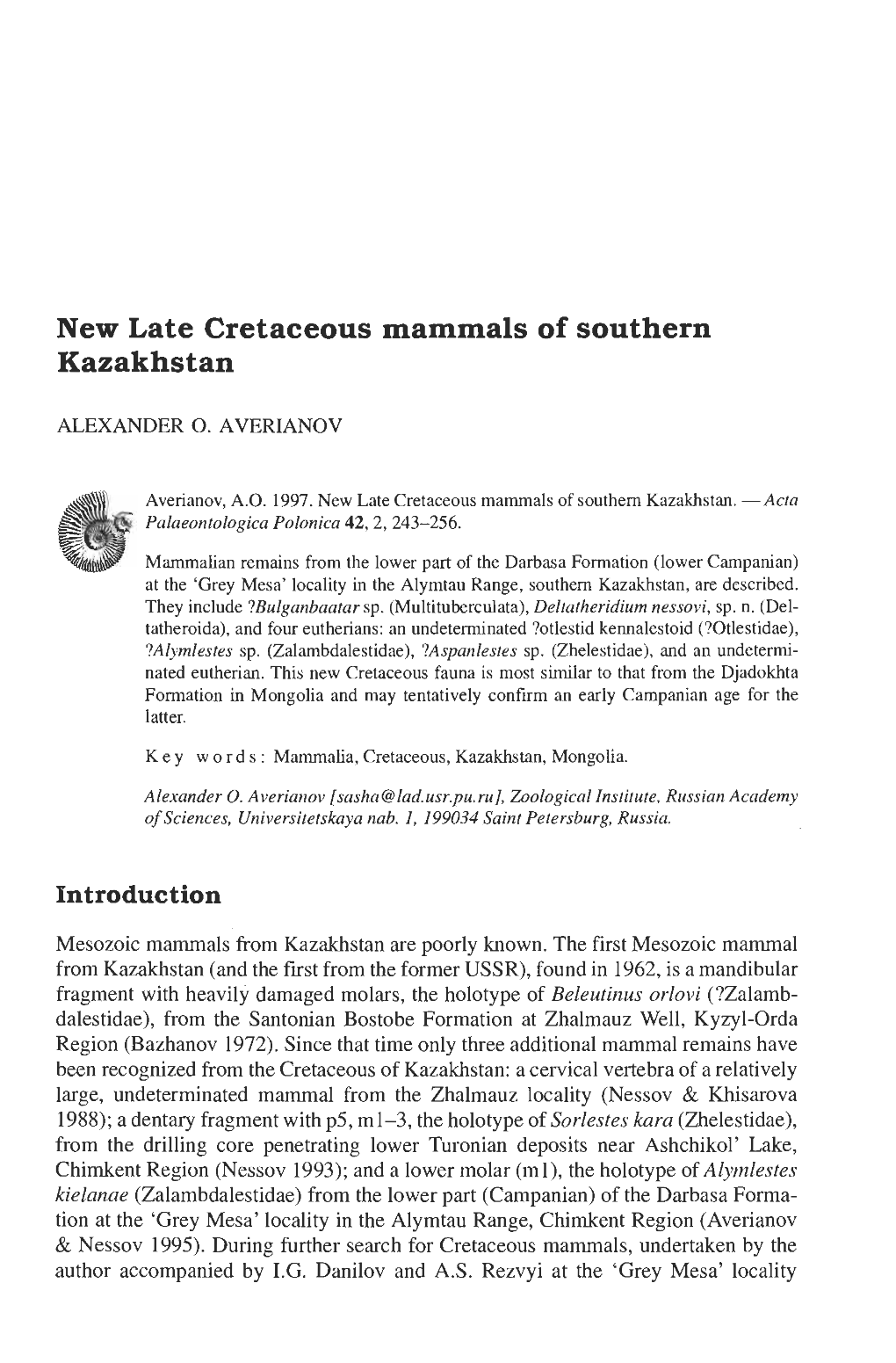 New Late Cretaceous Mammals of Southern Kazakhstan