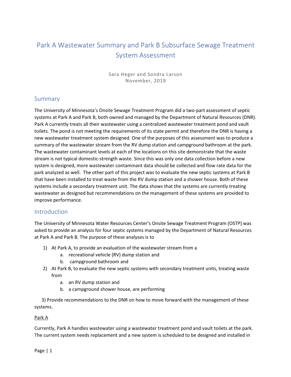 Park a Wastewater Summary and Park B Subsurface Sewage Treatment System Assessment