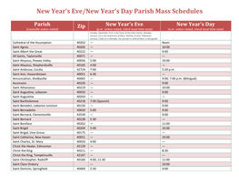 New Year's Eve/New Year's Day Parish Mass Schedules