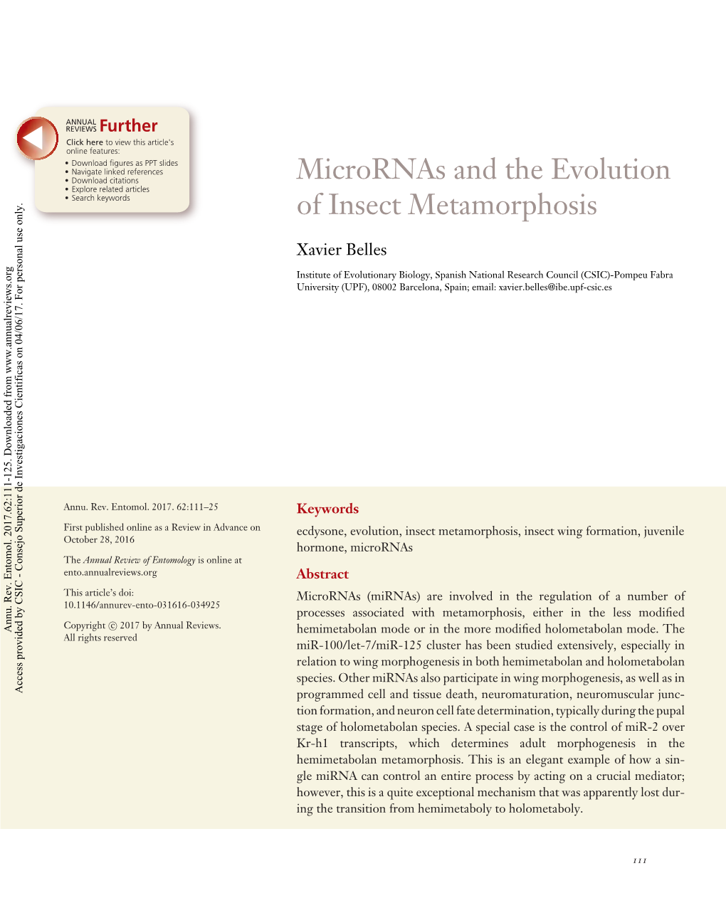 Micrornas and the Evolution of Insect Metamorphosis