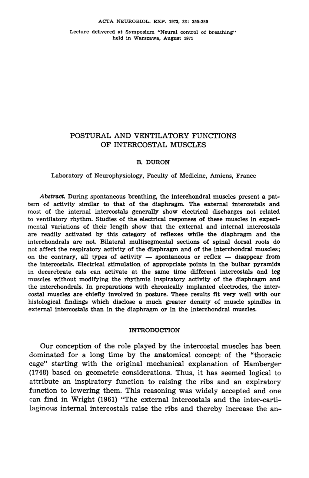 Postural and Ventilatory Functions of Intercostal Muscles