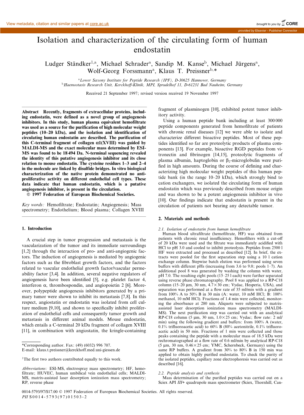 Isolation and Characterization of the Circulating Form of Human Endostatin