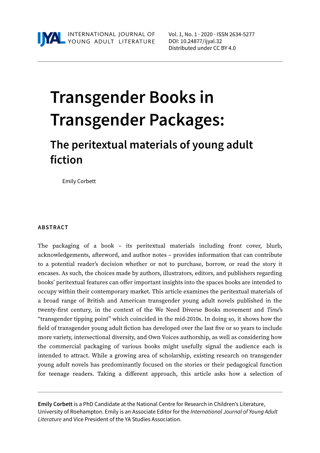 Transgender Books in Transgender Packages: the Peritextual Materials of Young Adult Fiction