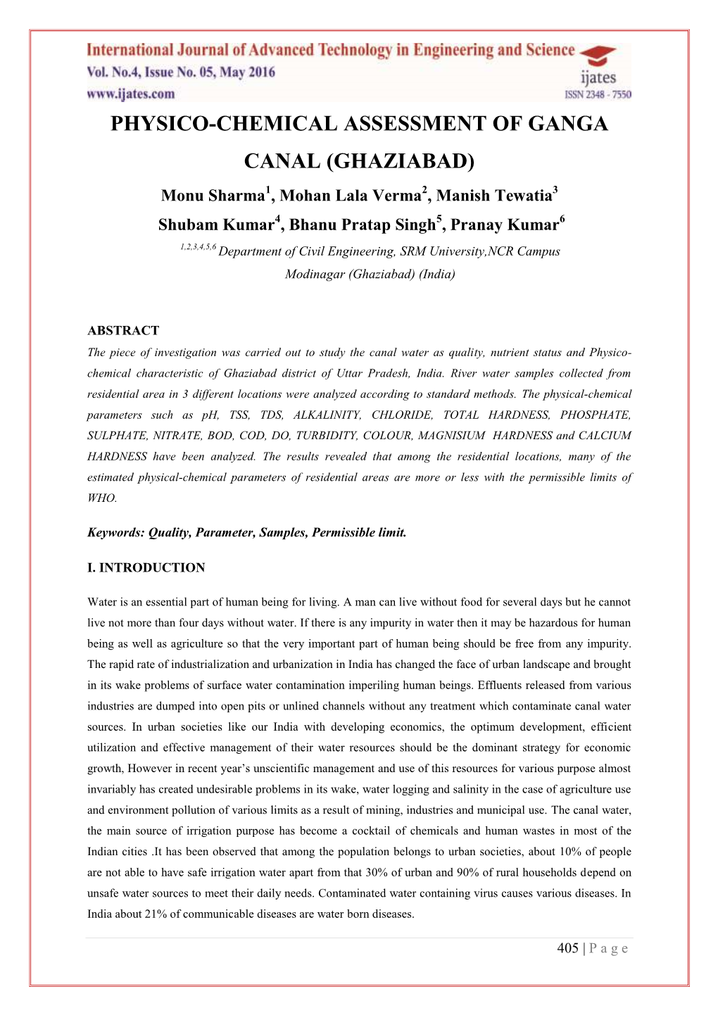 Physico-Chemical Assessment of Ganga Canal (Ghaziabad)