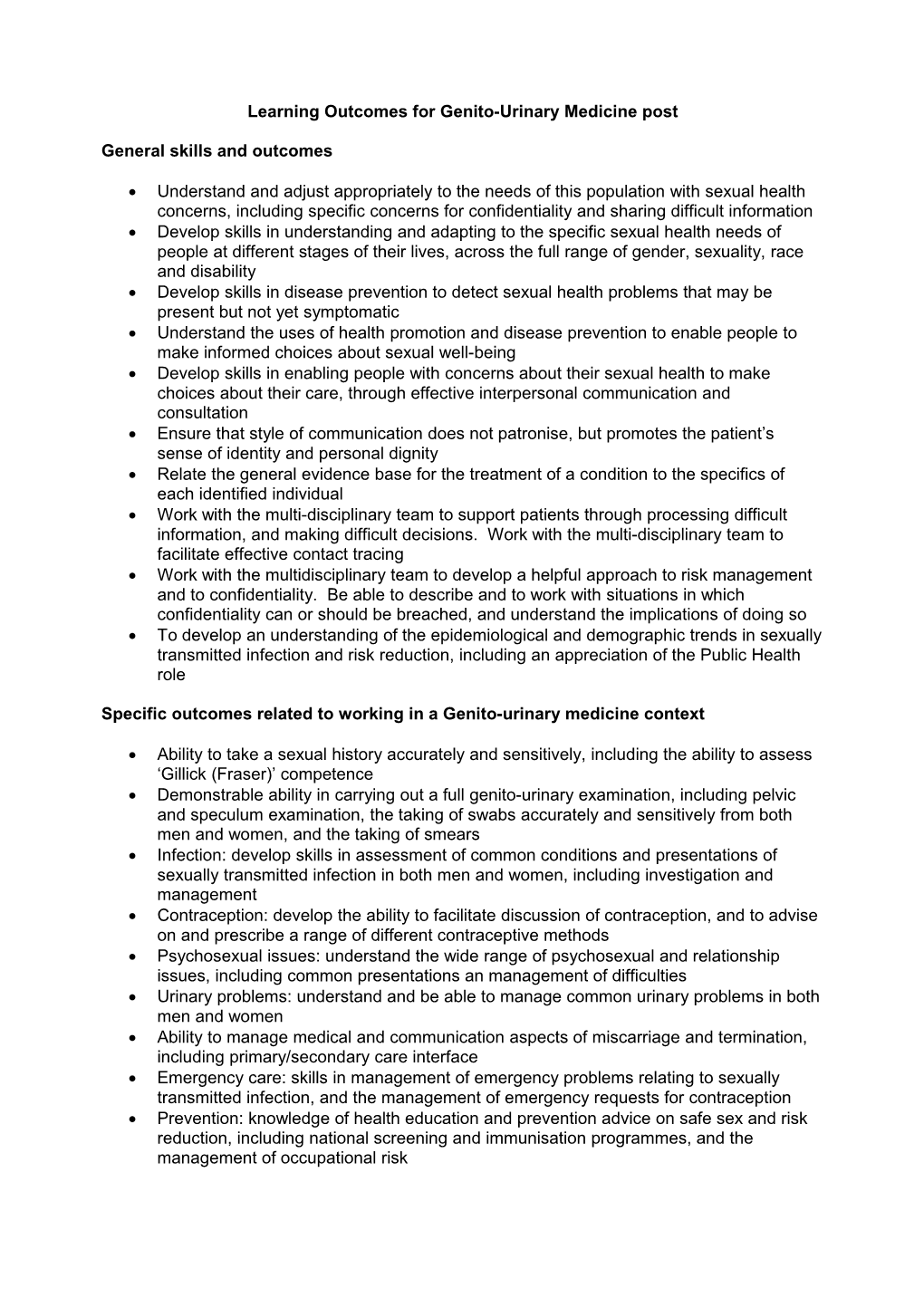 Learning Outcomes for Genito-Urinary Medicine Post