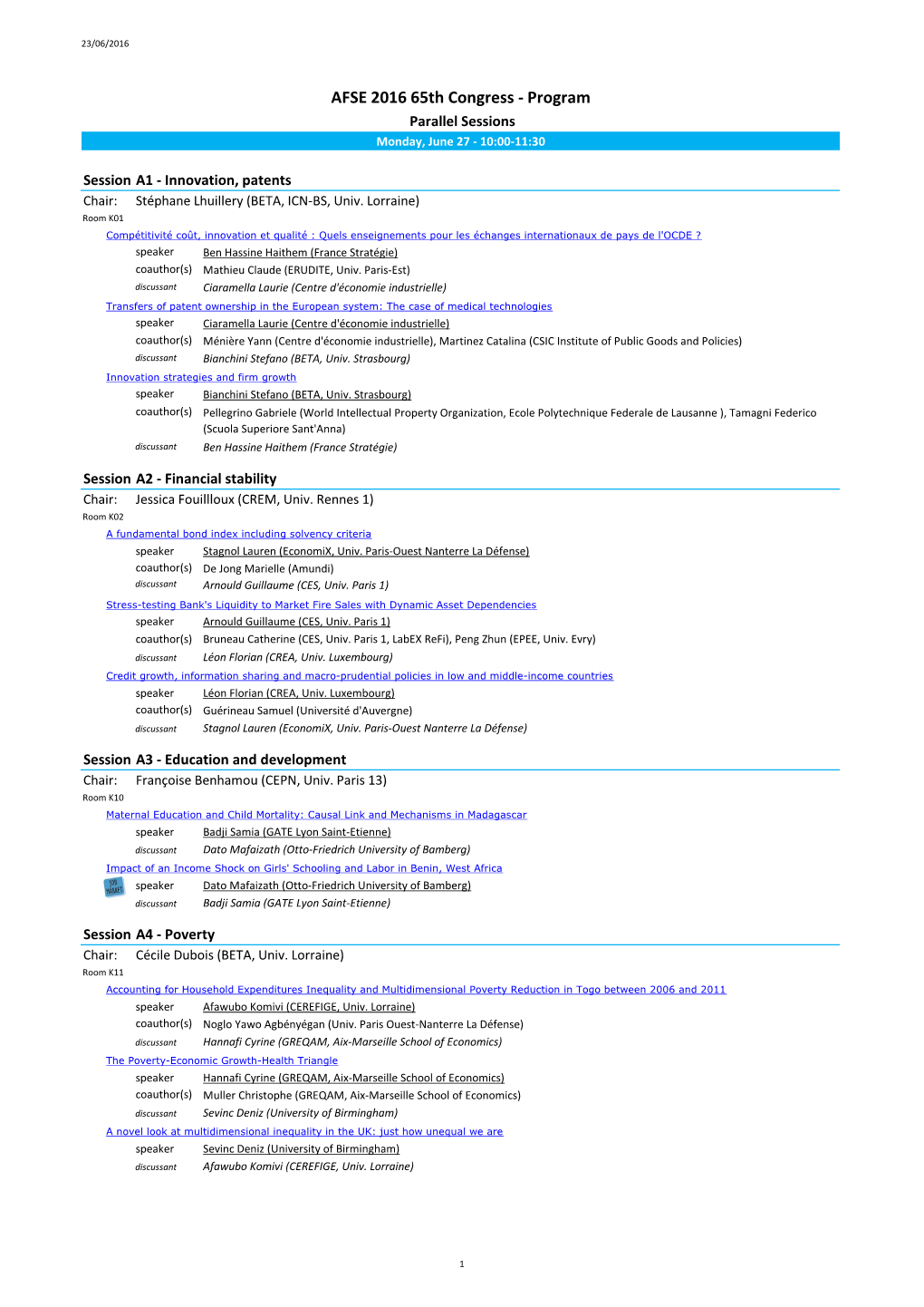 AFSE 2016 65Th Congress - Program Parallel Sessions Monday, June 27 - 10:00-11:30