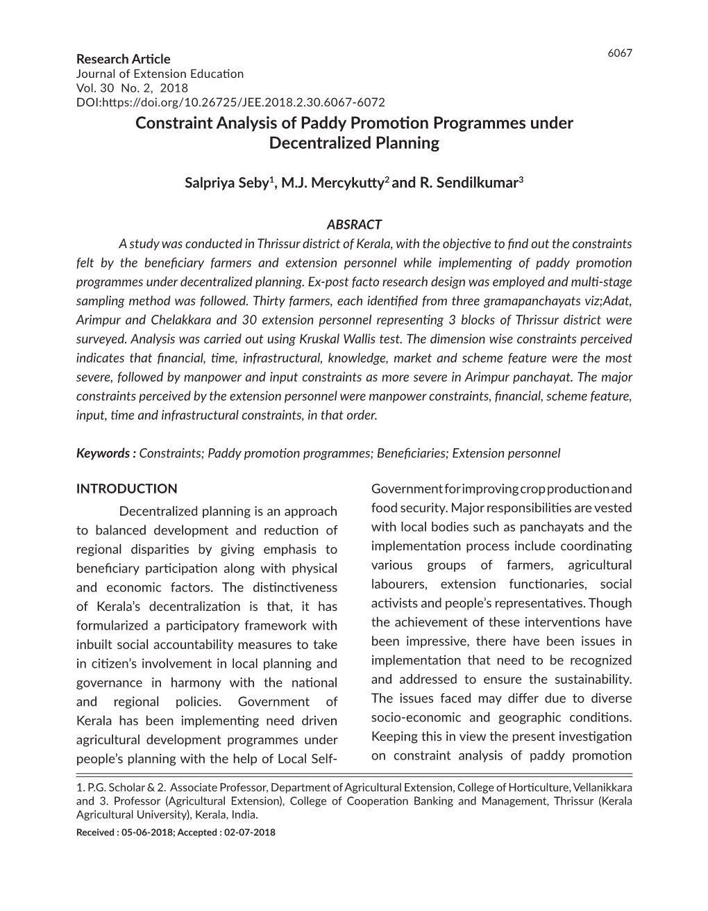 Constraint Analysis of Paddy Promotion Programmes Under Decentralized Planning