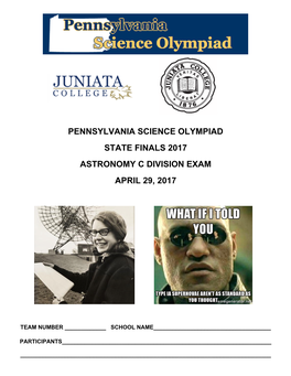 Pennsylvania Science Olympiad State Finals 2017 Astronomy C Division