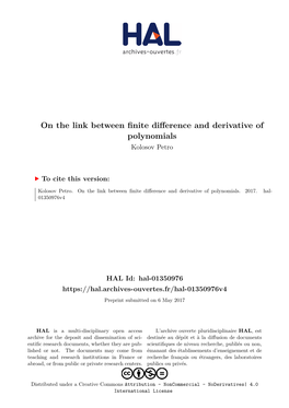 On the Link Between Finite Difference and Derivative of Polynomials Kolosov Petro