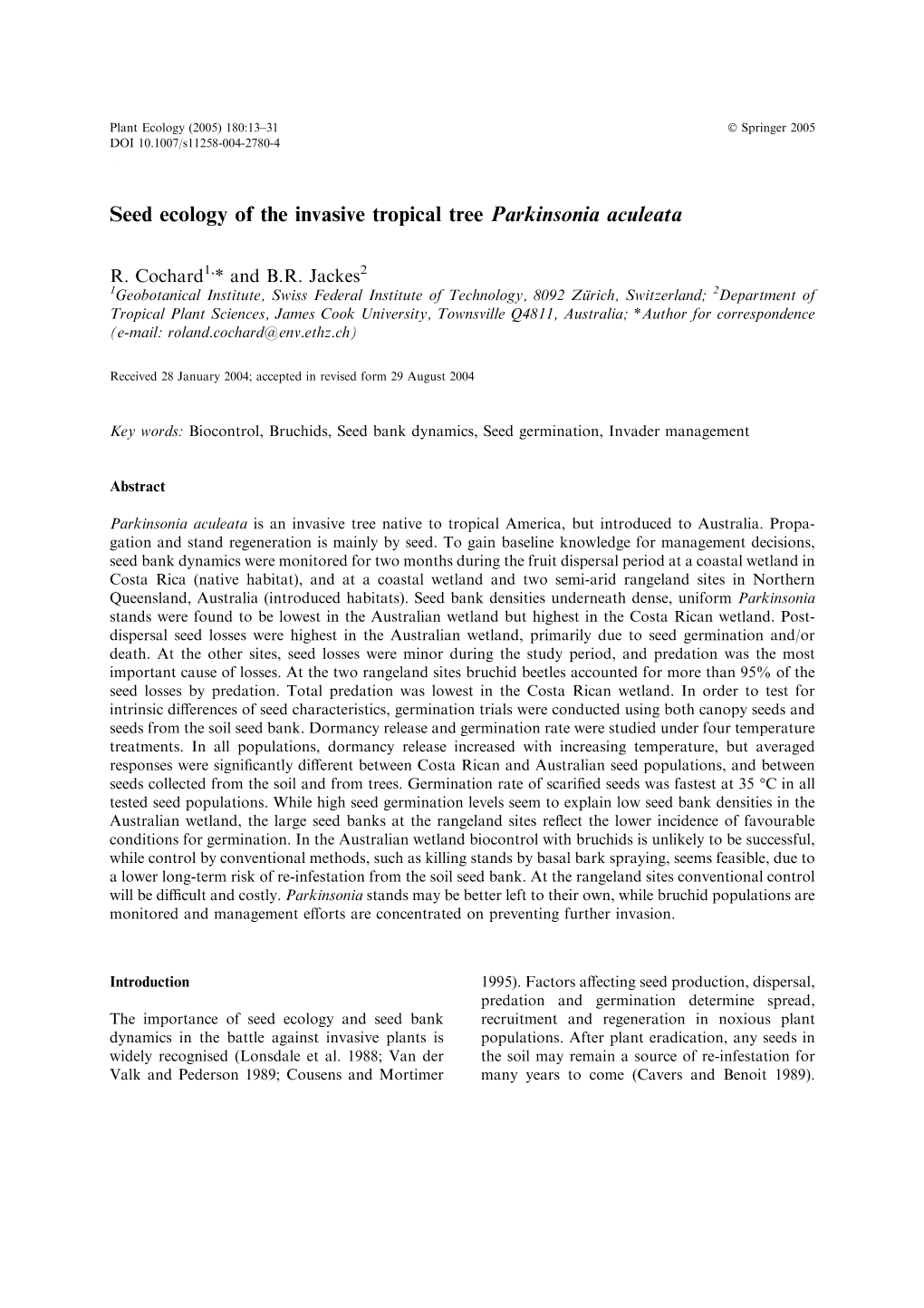 Seed Ecology of the Invasive Tropical Tree Parkinsonia Aculeata
