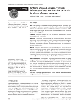 Patterns of Island Occupancy in Bats: Influences of Area and Isolation On