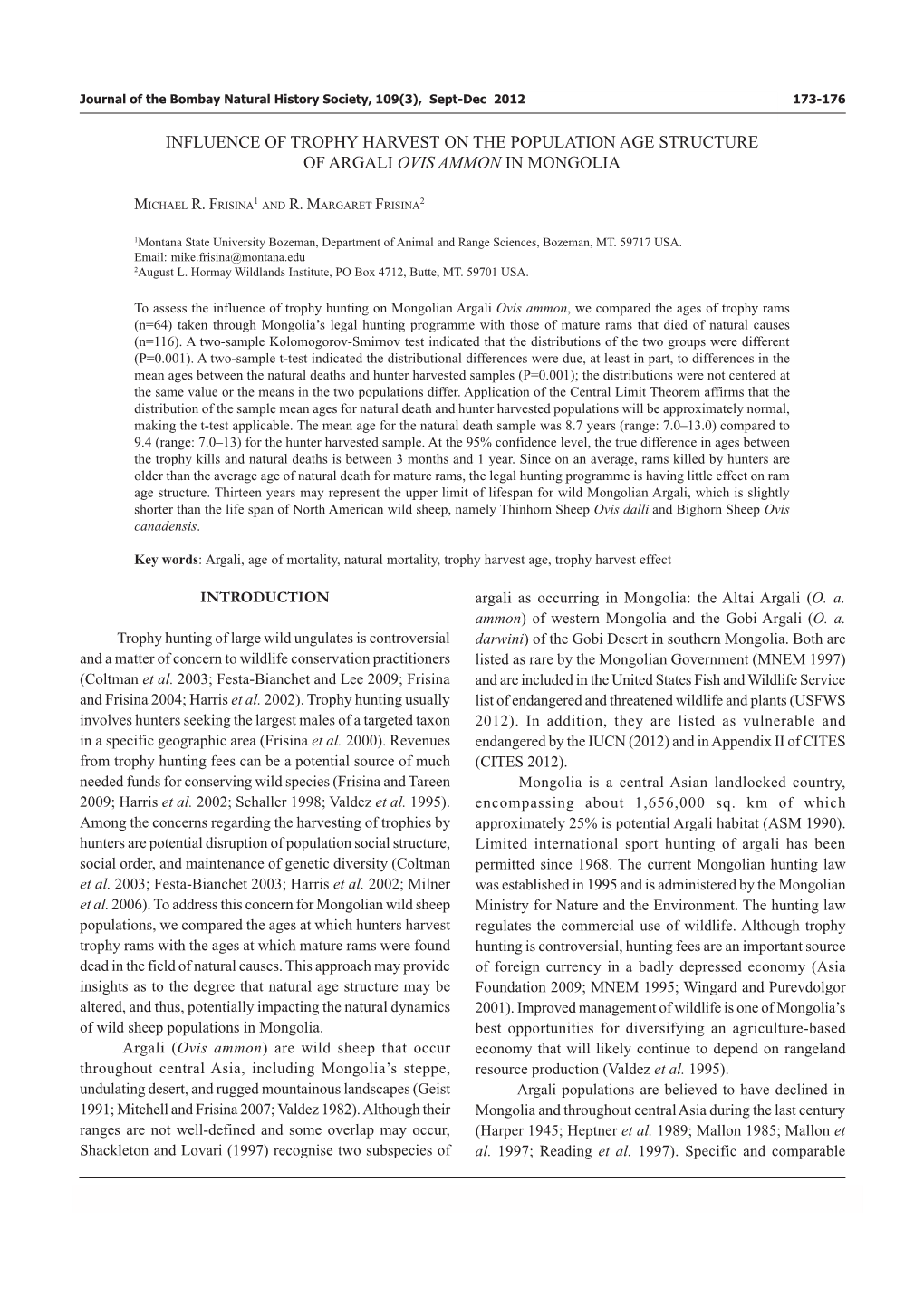 Influence of Trophy Harvest on the Population Age Structure of Argali Ovis Ammon in Mongolia