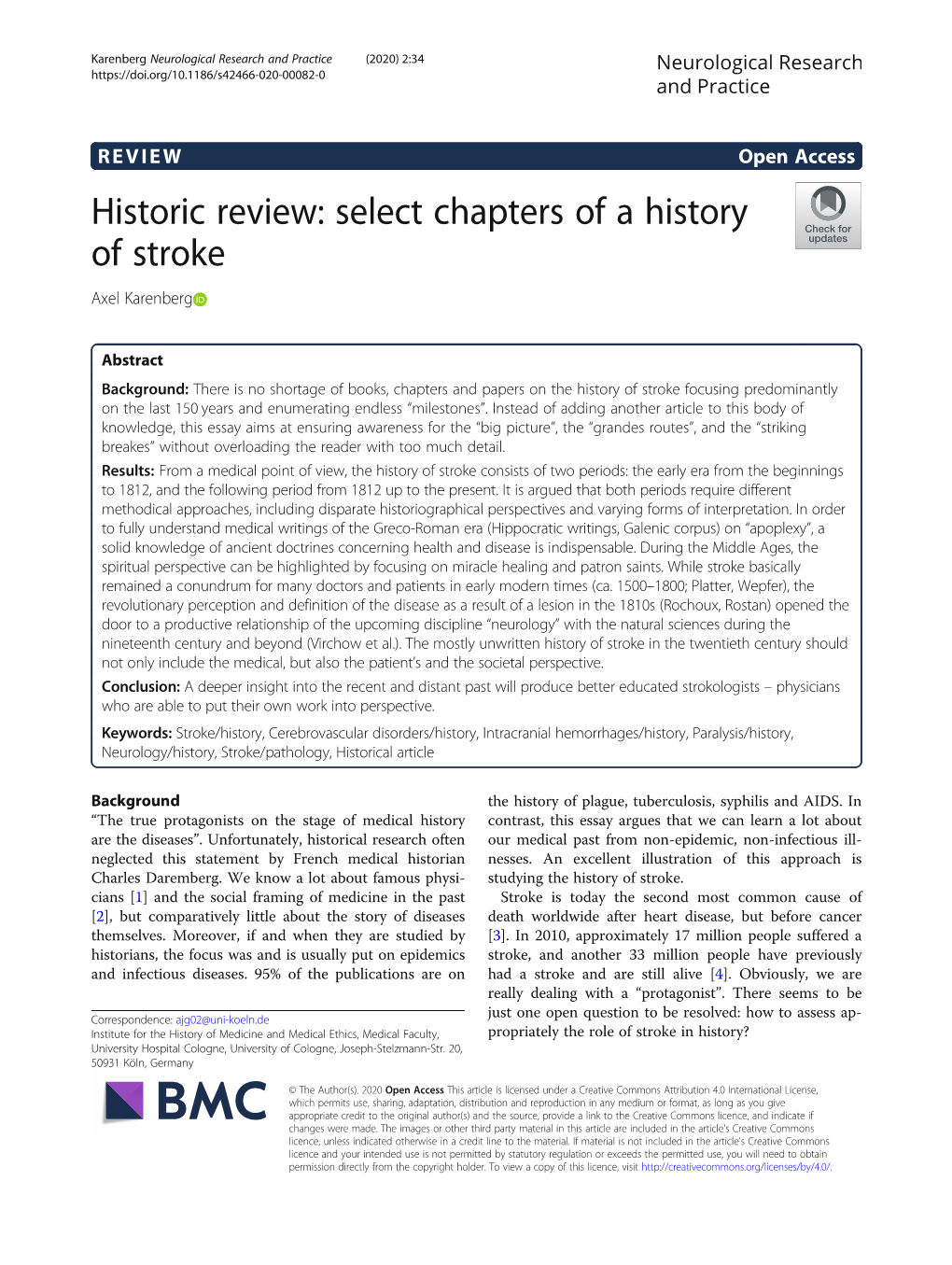 Historic Review: Select Chapters of a History of Stroke Axel Karenberg