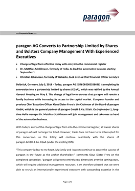 Paragon AG Converts to Partnership Limited by Shares and Bolsters Company Management with Experienced Executives
