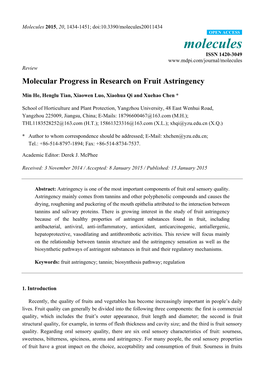 Molecular Progress in Research on Fruit Astringency