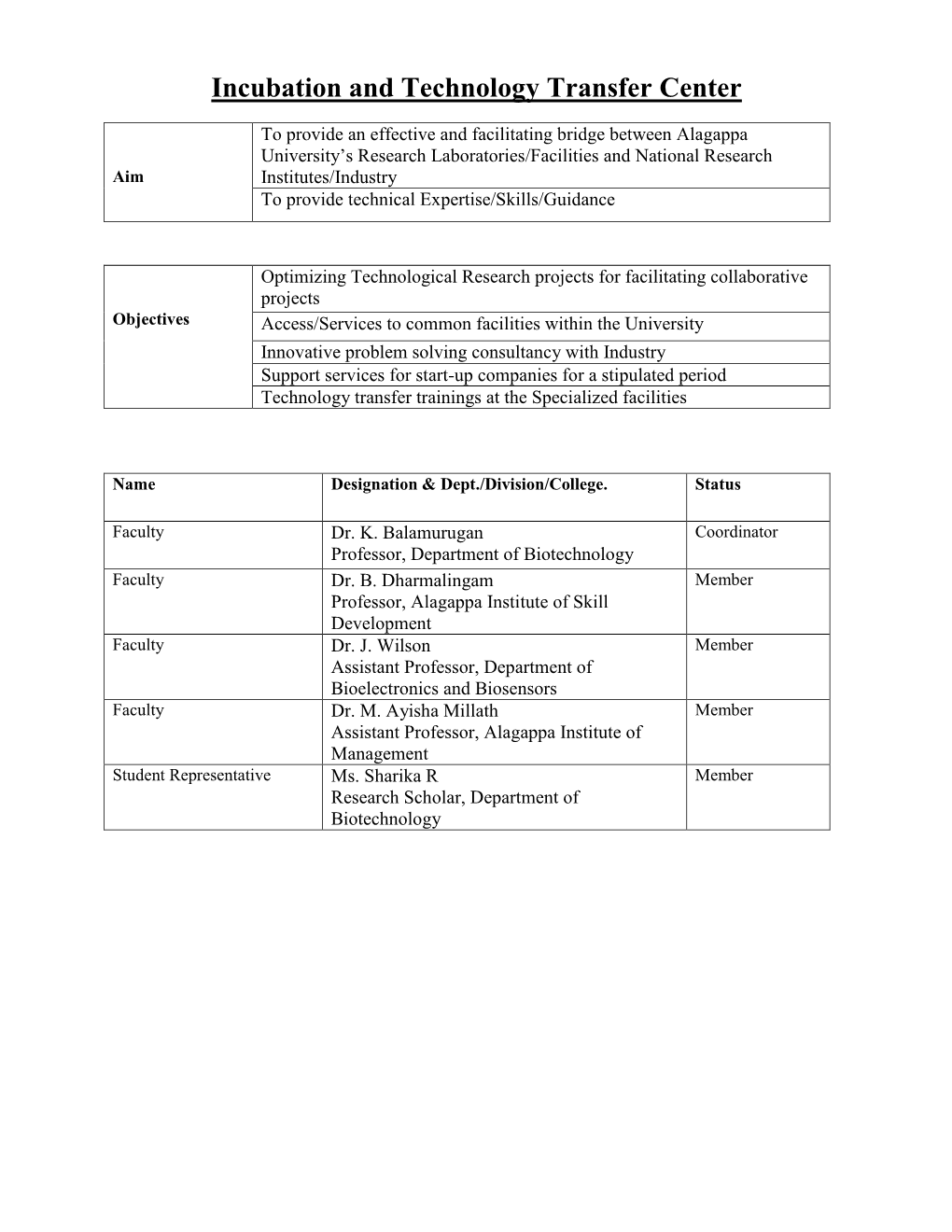 Incubation and Technology Transfer Center