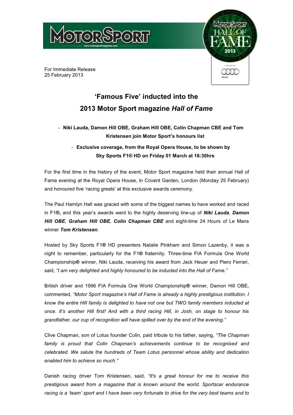 For Immediate Release 25 February 2013