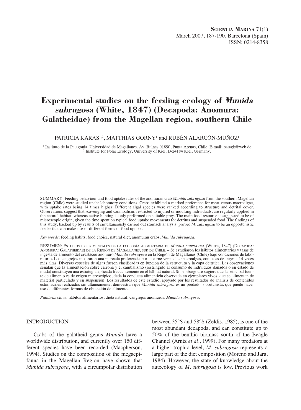 Experimental Studies on the Feeding Ecology of Munida Subrugosa (White, 1847) (Decapoda: Anomura: Galatheidae) from the Magellan Region, Southern Chile