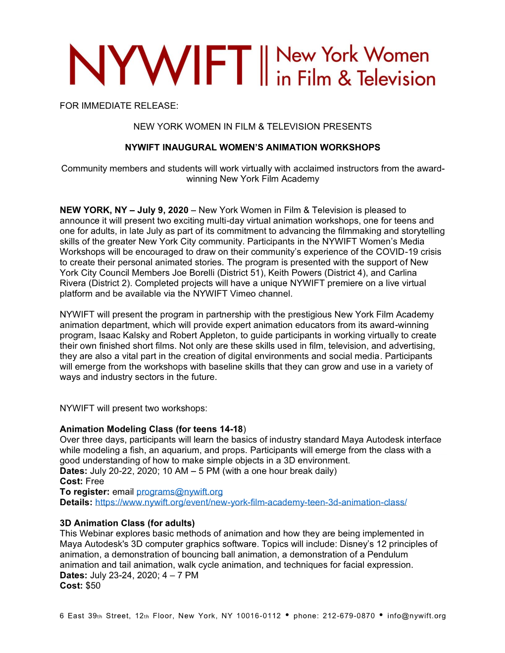 For Immediate Release: New York Women in Film