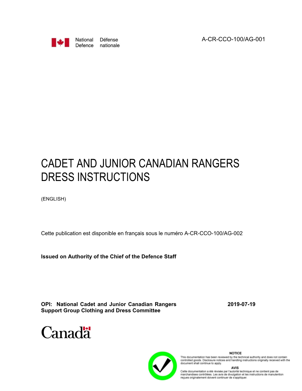 Cadet Dress Instructions and CATO 13-16, National Cadet Honours and Awards