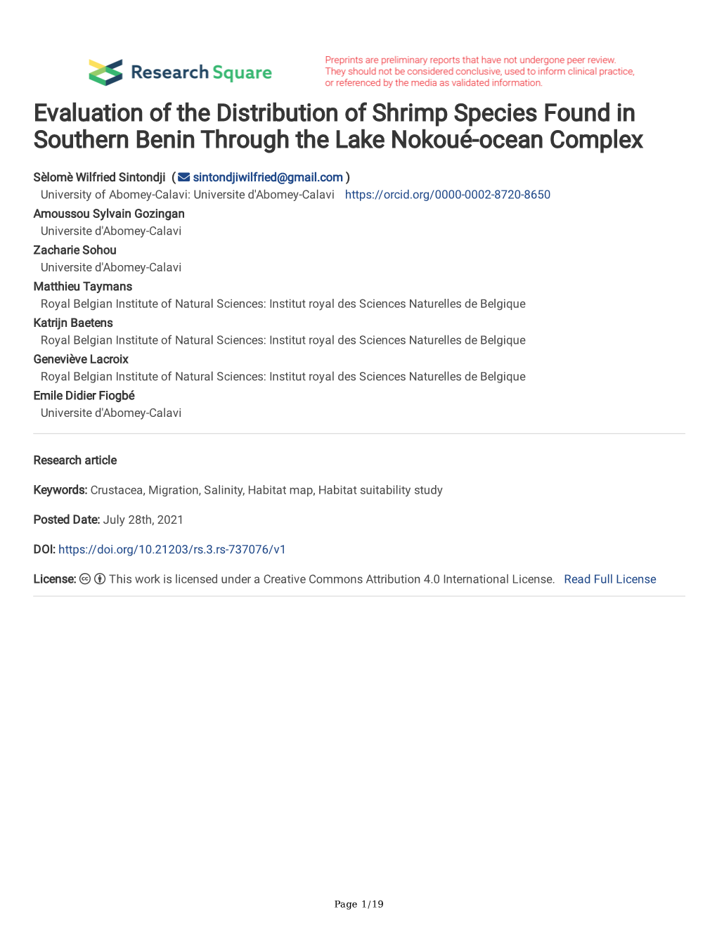 Evaluation of the Distribution of Shrimp Species Found in Southern Benin Through the Lake Nokoué-Ocean Complex