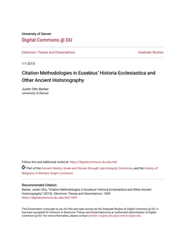 Citation Methodologies in Eusebius' Historia Ecclesiastica and Other