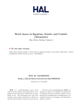 Word Classes in Egyptian, Semitic and Cushitic (Afroasiatic) Elsa Oréal, Martine Vanhove