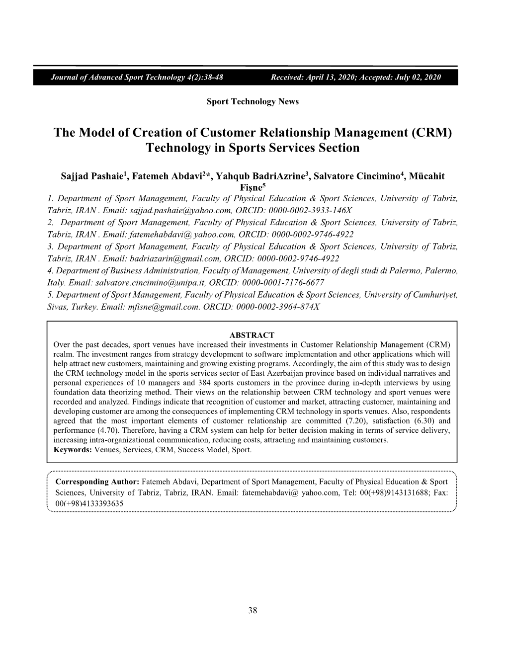 The Model of Creation of Customer Relationship Management (CRM) Technology in Sports Services Section