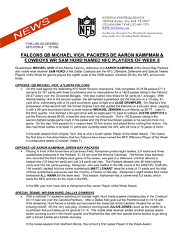 Falcons Qb Michael Vick, Packers De Aaron Kampman & Cowboys Wr Sam Hurd Named Nfc Players of Week 8